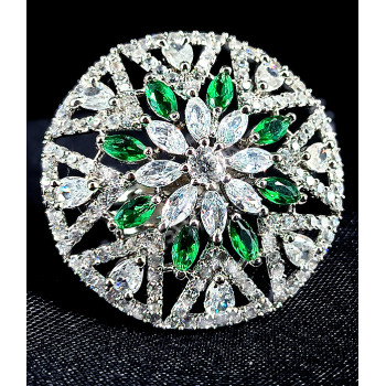 Party Bridal Wear Silver Plated Glittering  AD Zircon Stones Beautiful and Elegant Flower Pattern Dark Green Finger Ring
