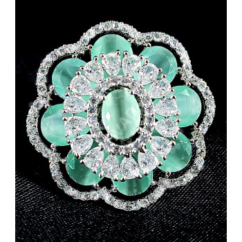 Party Bridal Wear Silver Plated AD Zircon Stones Gorgeous Mari Gold Flower Pattern Mint Green Finger Ring