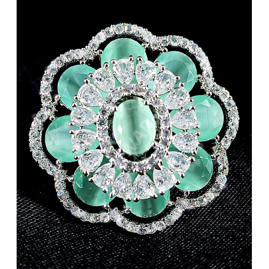 Party Bridal Wear Silver Plated AD Zircon Stones Gorgeous Mari Gold Flower Pattern Mint Green Finger Ring