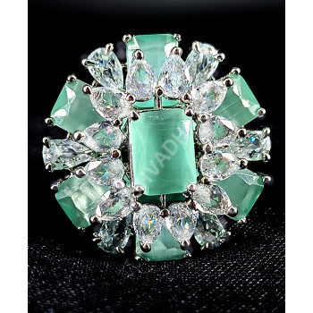 Party Ethnic Wear Silver Plated AD Zircon Stones Glittering Elegant Medium Size Mint Green Finger Ring