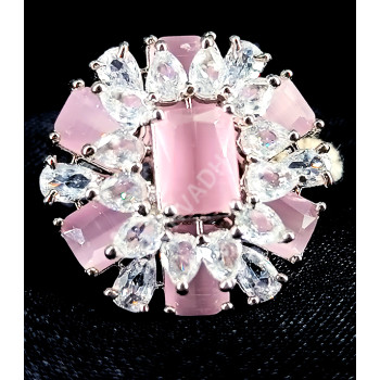 Party Ethnic Wear Silver Plated AD Zircon Stones Glittering Elegant Medium Size Baby Pink Finger Ring