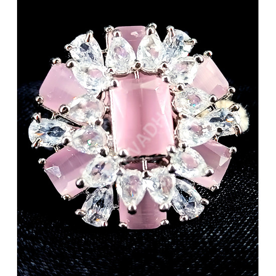 Party Ethnic Wear Silver Plated AD Zircon Stones Glittering Elegant Medium Size Baby Pink Finger Ring