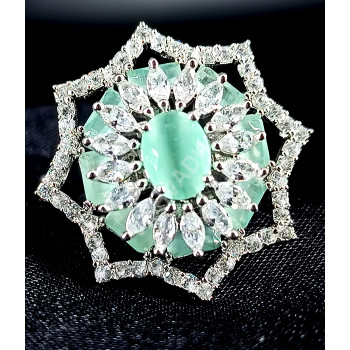 Party Ethnic Wear Silver Plated AD Zircon Stones Glittering and Shining Star Pattern Medium Size Mint Green Finger Ring