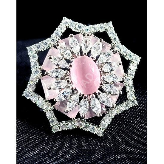 Party Ethnic Wear Silver Plated AD Zircon Stones Glittering and Shining Star Pattern Medium Size Baby Pink Finger Ring