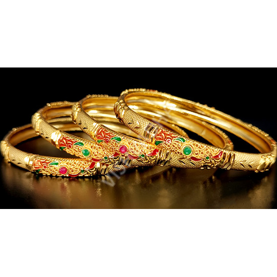 Supreme Quality Dazzling Micro Gold Polish with Royal Design Netted Ruby Green Bangle