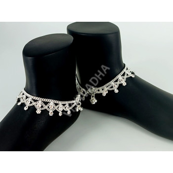 Oxidized Silver Shining White Stones Party Ethnic Wear Anklets