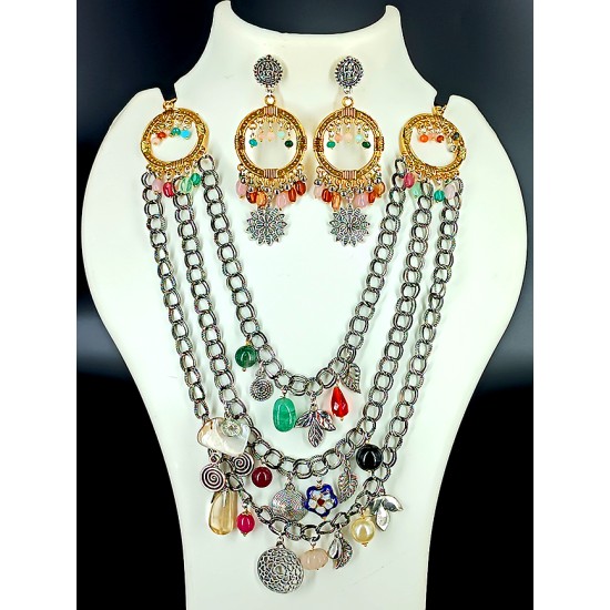 Party Wear Dark Oxidized Silver with Gold and Assorted Colourful Beads Designer Necklace Set with Earrings