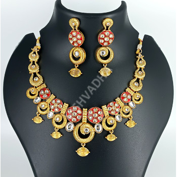 Ethnic Traditional Wear Rajwadi Polish Ruby Necklace Set with Big Earrings