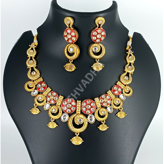 Ethnic Traditional Wear Rajwadi Polish Ruby Necklace Set with Big Earrings