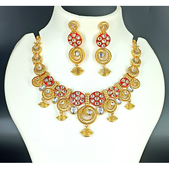 Ethnic Traditional Wear Rajwadi Polish Ruby Necklace Set with Big Earrings