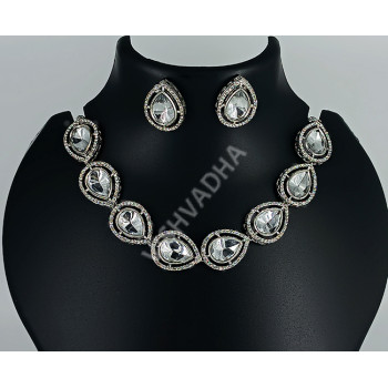 Party Wear Glittering Stunning White Sparkling Kundan Stones Mango Shape Rodium Necklace Set with Earrings