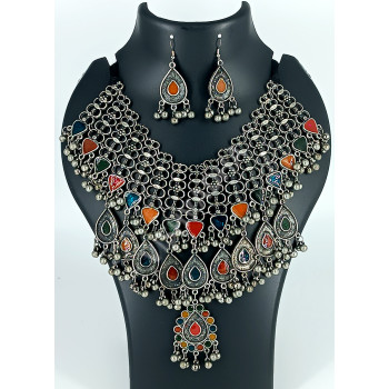 Party Celebrity Dark Oxidized Silver Very Big Multi Colour Necklace Set with Ghungroo Beads and Earrings