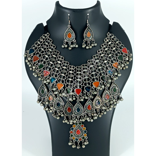 Party Celebrity Dark Oxidized Silver Very Big Multi Colour Necklace Set with Ghungroo Beads and Earrings
