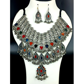 Party Celebrity Dark Oxidized Silver Very Big Multi Colour Necklace Set with Ghungroo Beads and Earrings