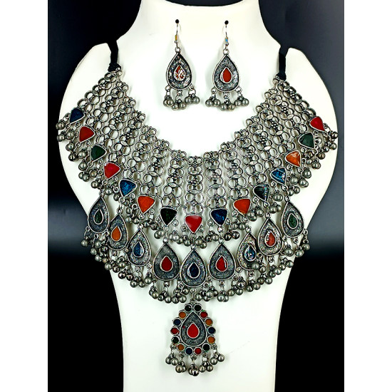 Party Celebrity Dark Oxidized Silver Very Big Multi Colour Necklace Set with Ghungroo Beads and Earrings