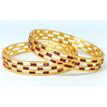Magenta Sparkling Stones with Gold Cut New Trend Bangles