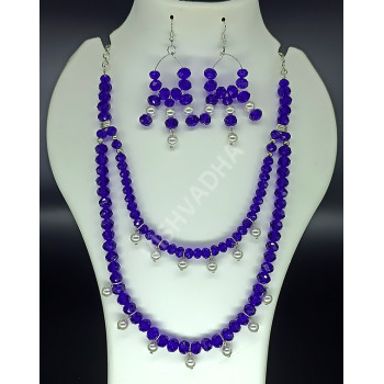 Party Wear Dark Purple Blue and Pure White Shining Pearls Double Strand Necklace with Medium Size Earrings