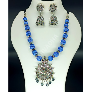 Heavy Work Traditional Silk Thread Necklace with Shining Big Jumkha Silver Clustered Pearls