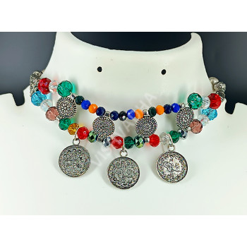 Exquisite Multi Colour Crystal Choker with Antique Silver Coins and Tussel Earrings