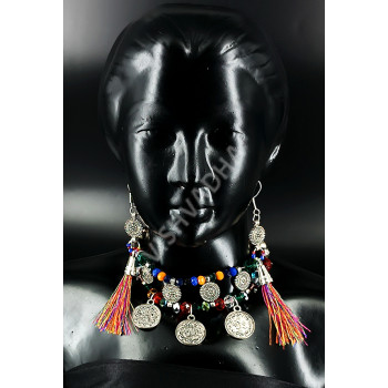 Exquisite Multi Colour Crystal Choker with Antique Silver Coins and Tussel Earrings