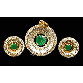 Supreme Quality New Design Full Pure AD White Stones with Green Stone Pendant and Earrings