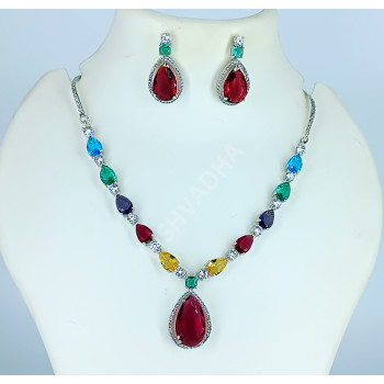 Supreme Quality Extremely Gorgeous Multi Colour Sparkling Glittering AD Stones Necklace with Earrings