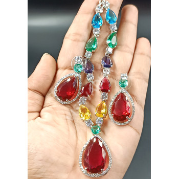 Supreme Quality Extremely Gorgeous Multi Colour Sparkling Glittering AD Stones Necklace with Earrings
