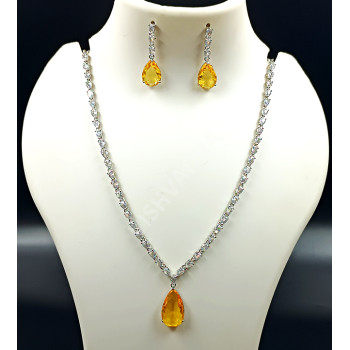 Celebrity Party Wear Full White Sparkling AD Stones Necklace with Honey Yellow Pendant and Earrings