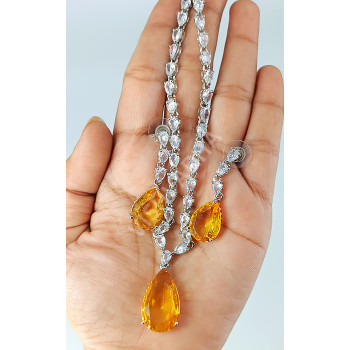 Celebrity Party Wear Full White Sparkling AD Stones Necklace with Honey Yellow Pendant and Earrings