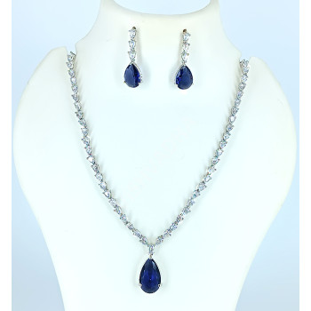 Celebrity Party Wear Full White Sparkling AD Stones Necklace with Dark Blue Pendant and Earrings