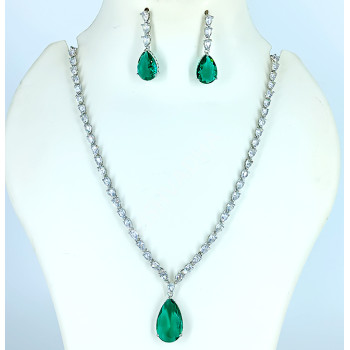 Celebrity Party Wear Full White Sparkling AD Stones Necklace with Emerald Green Pendant and Earrings