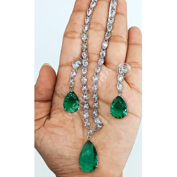 Celebrity Party Wear Full White Sparkling AD Stones Necklace with Emerald Green Pendant and Earrings