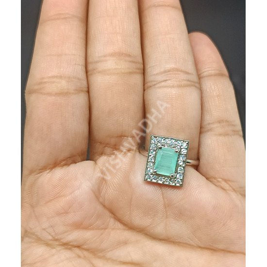 Gorgeous Glittering Rodium Stones Finger Ring Mint Green