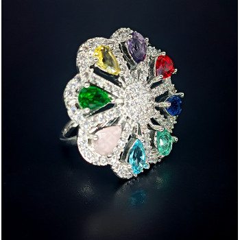 Glittering Multi Colour Medium Size Adjustable Rodium Finger Ring