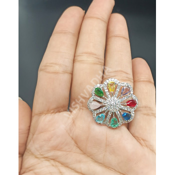 Glittering Multi Colour Medium Size Adjustable Rodium Finger Ring